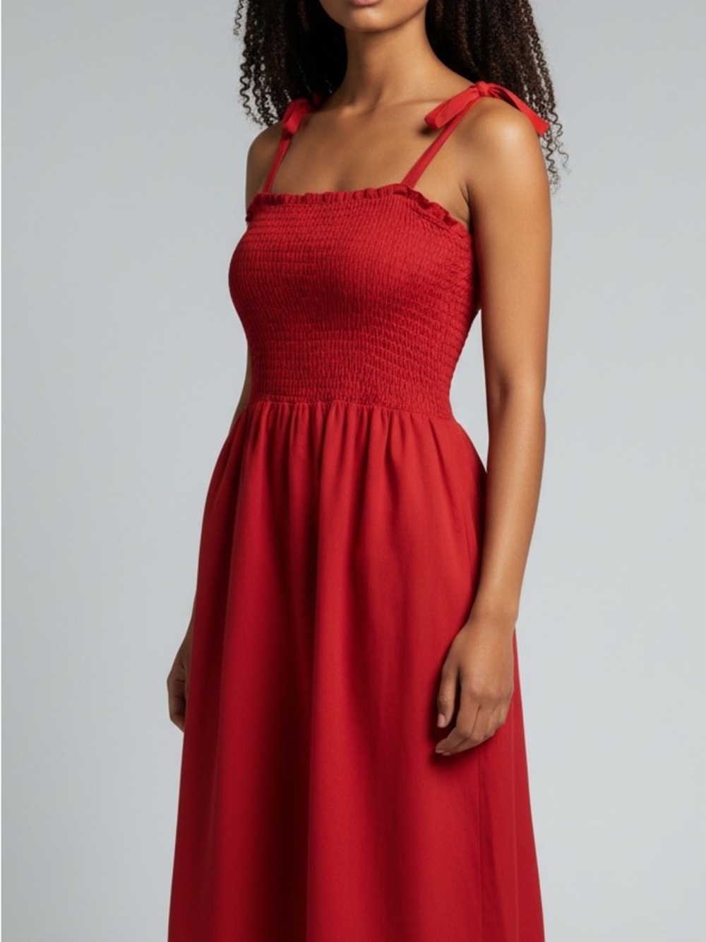 H&M Divided Smocked Red Midi Dress with Tie Straps size XS‎
